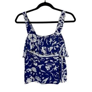 & Other Stories Blue White Nautical Print Ruffled Crop Top Womens 6 Beachy Vaca